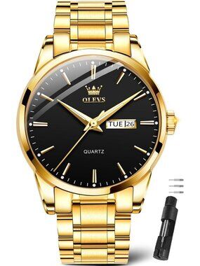 Men's Gold Black Stainless Steel Luminous Quartz Waterproof Round Classic Watch
